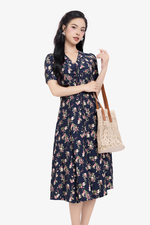 Đầm hoa chữ A cổ V phối nơ