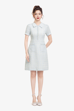 Đầm tweed chữ A màu xanh tay ngắn