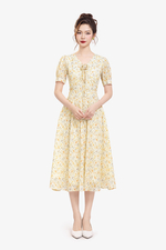 Đầm hoa nhí dáng xòe cổ V thắt nơ