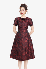 Đầm hoa đỏ dự tiệc dáng xòe