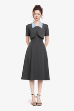 Đầm xòe phối giả áo khoác cổ sơ mi xanh