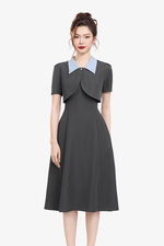 Đầm xòe phối giả áo khoác cổ sơ mi xanh