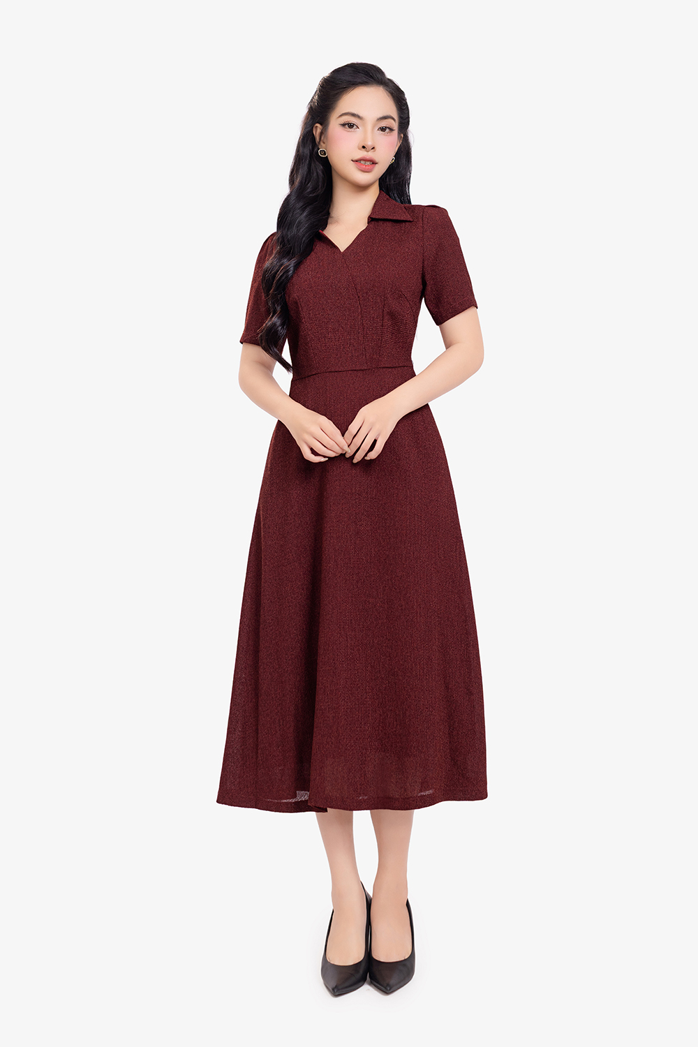 Đầm đỏ dáng xòe cổ sơ mi