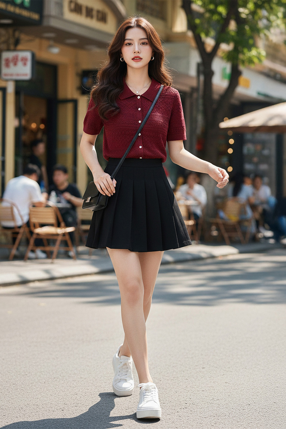 Áo thun dệt kim cổ polo màu đỏ đô