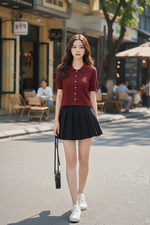 Áo thun dệt kim cổ polo màu đỏ đô