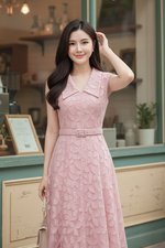 Đầm voan hoa nổi dáng chữ A sát nách