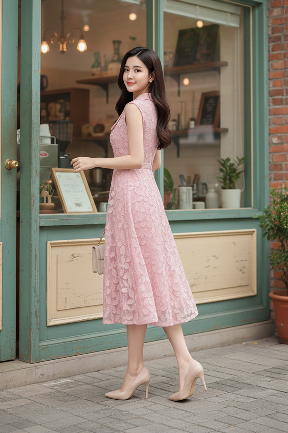 Đầm voan hoa nổi dáng chữ A sát nách