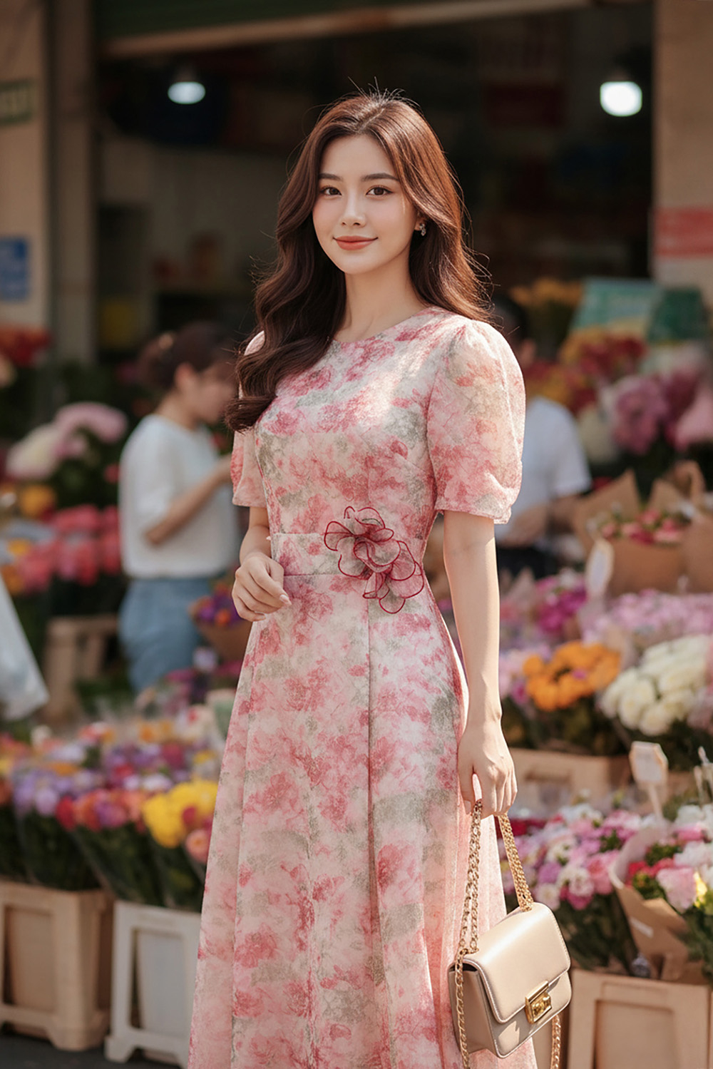 Đầm xoè hoa hồng đính hoa thủ công