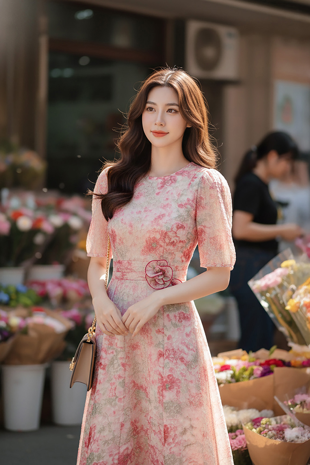 Đầm xoè hoa hồng đính hoa thủ công