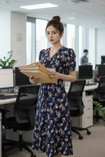 Đầm hoa chữ A cổ V phối nơ