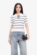 Áo thun dệt kim nữ trắng sọc đen