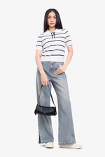 Áo thun dệt kim nữ trắng sọc đen