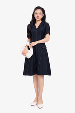 Đầm công sở chữ A cổ vest viền chỉ