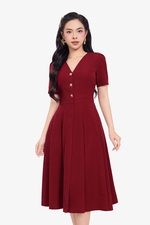 Đầm xòe đỏ công sở cổ V tay ngắn
