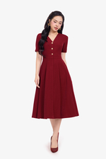 Đầm xòe đỏ công sở cổ V tay ngắn