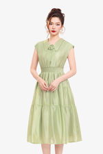 Đầm xòe xanh eo bo chun cổ đính hoa