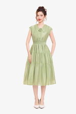 Đầm xòe xanh eo bo chun cổ đính hoa