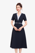 Đầm xòe công sở cổ V phối màu