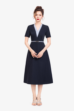 Đầm xòe công sở cổ V phối màu