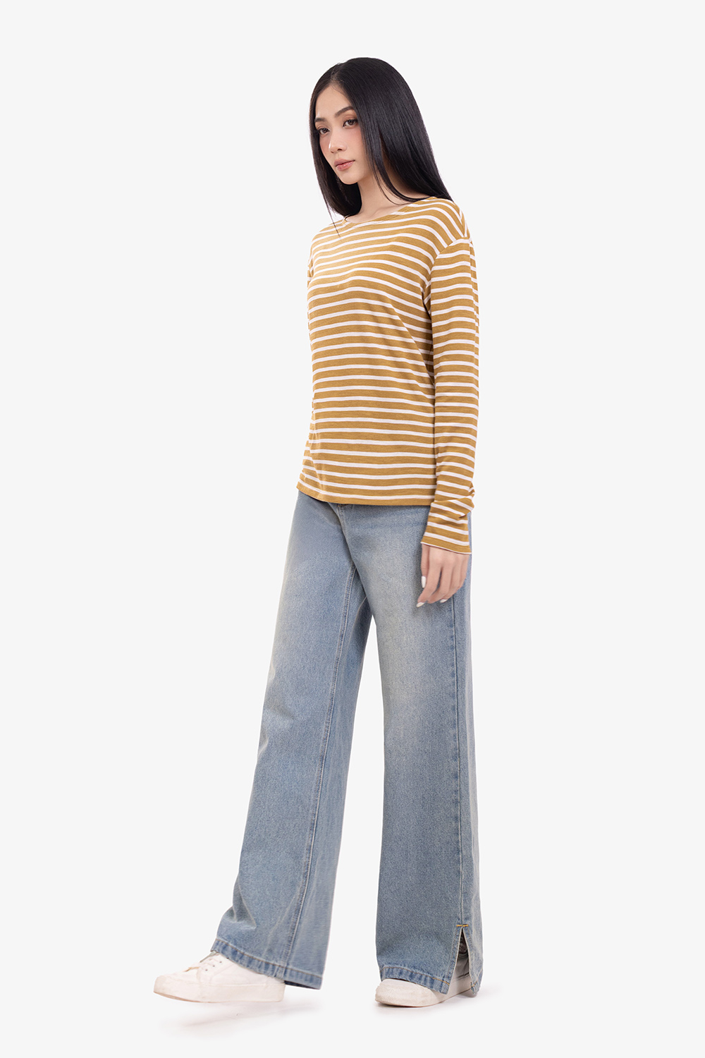 Quần jean nữ ống suông xẻ lai