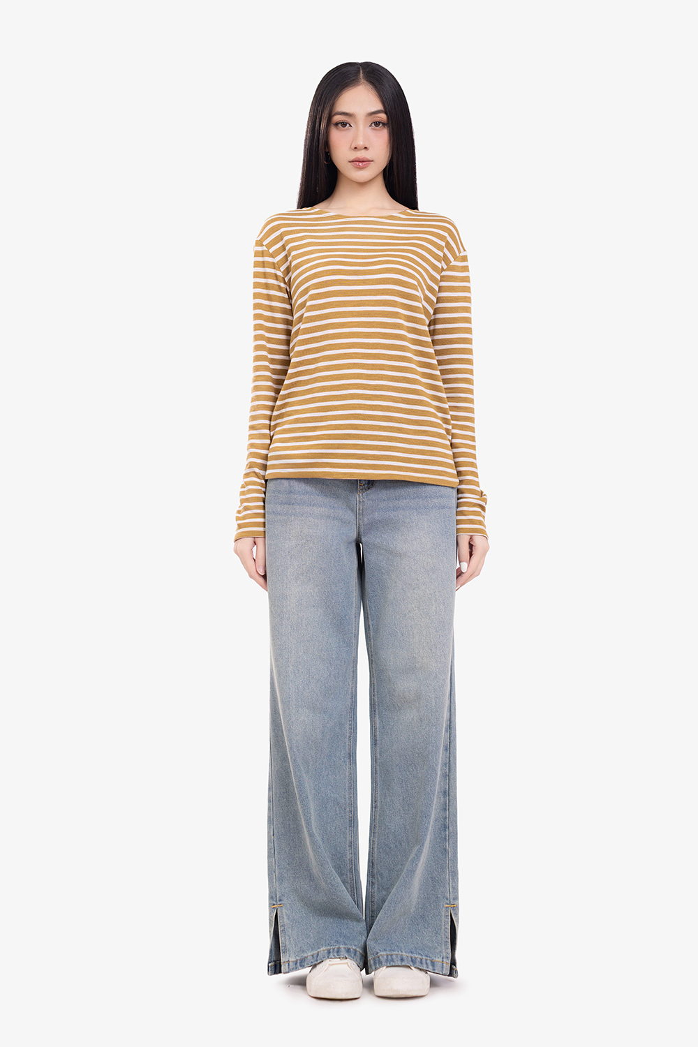 Quần jean nữ ống suông xẻ lai