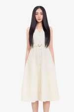 Đầm kem dự tiệc dáng xòe dài cổ V