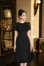 Đầm đen dáng xòe phối ren cổ tròn