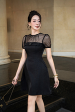 Đầm đen dự tiệc phối lưới dáng chữ A