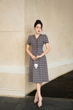 Đầm tweed chữ A cổ V tay ngắn