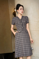 Đầm tweed chữ A cổ V tay ngắn