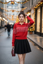 Áo len đỏ tay dài phối họa tiết trắng