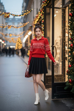 Áo len đỏ tay dài phối họa tiết trắng