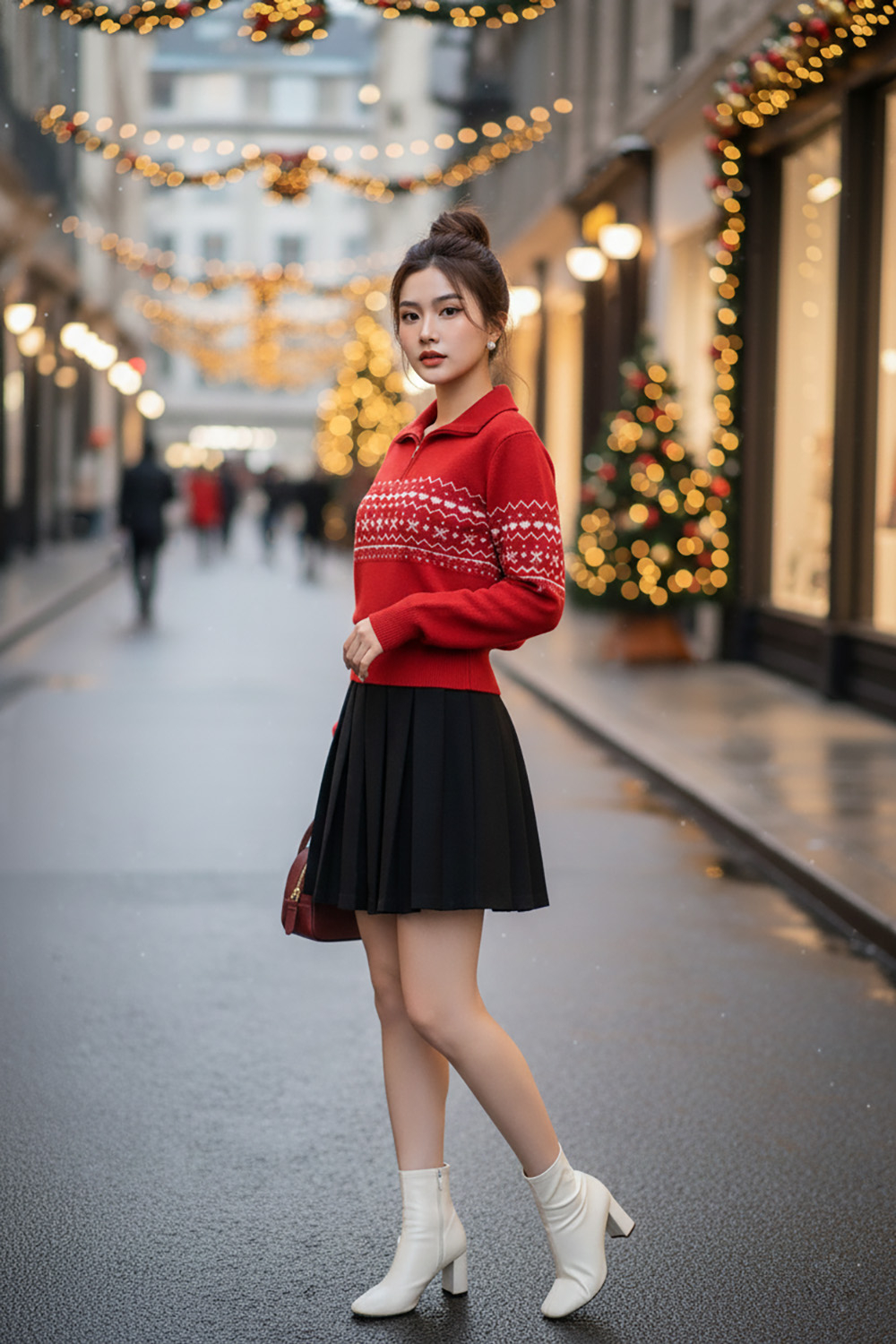 Áo len đỏ tay dài phối họa tiết trắng