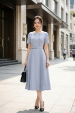 Đầm xanh công sở dáng xòe xếp ly