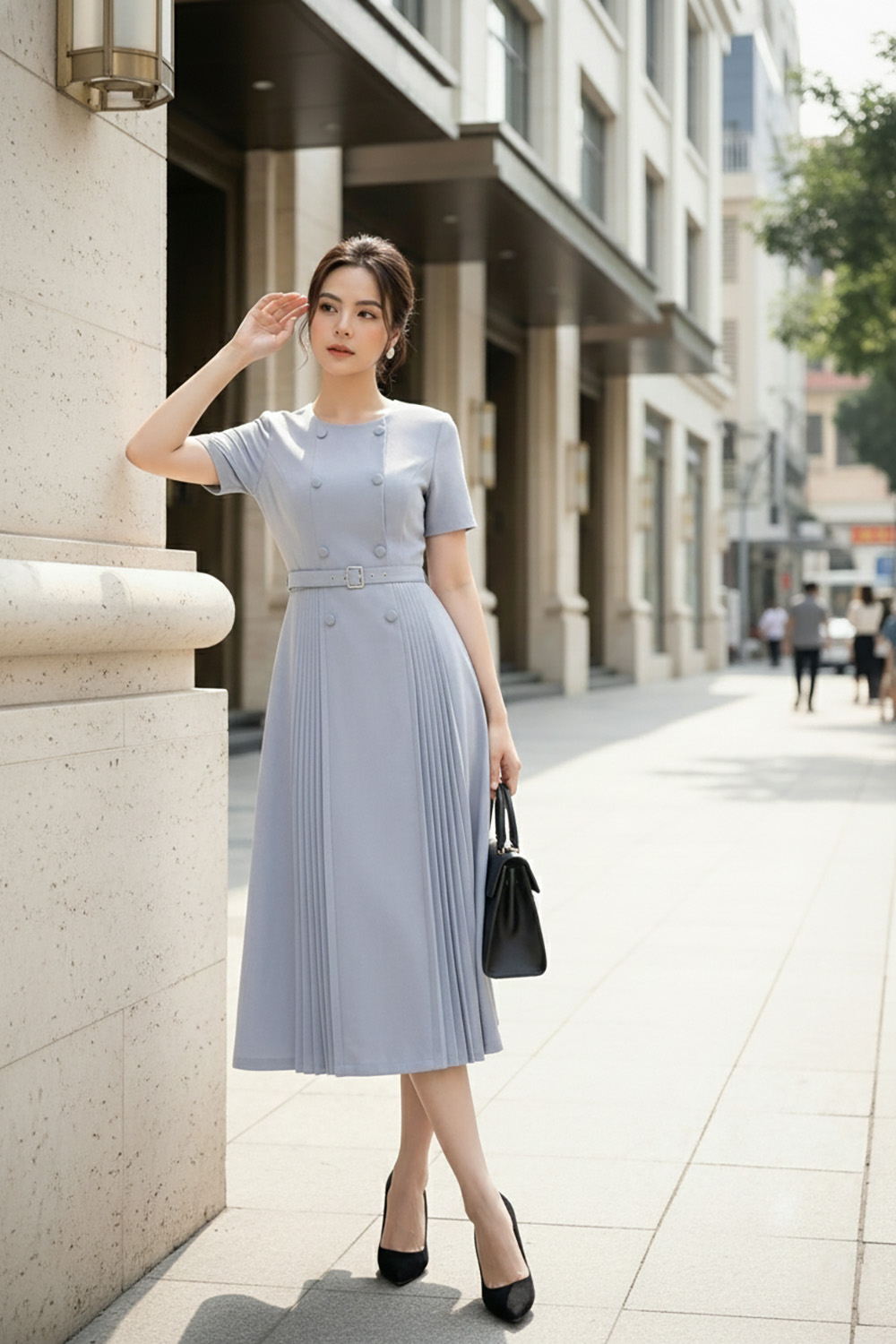 Đầm xanh công sở dáng xòe xếp ly