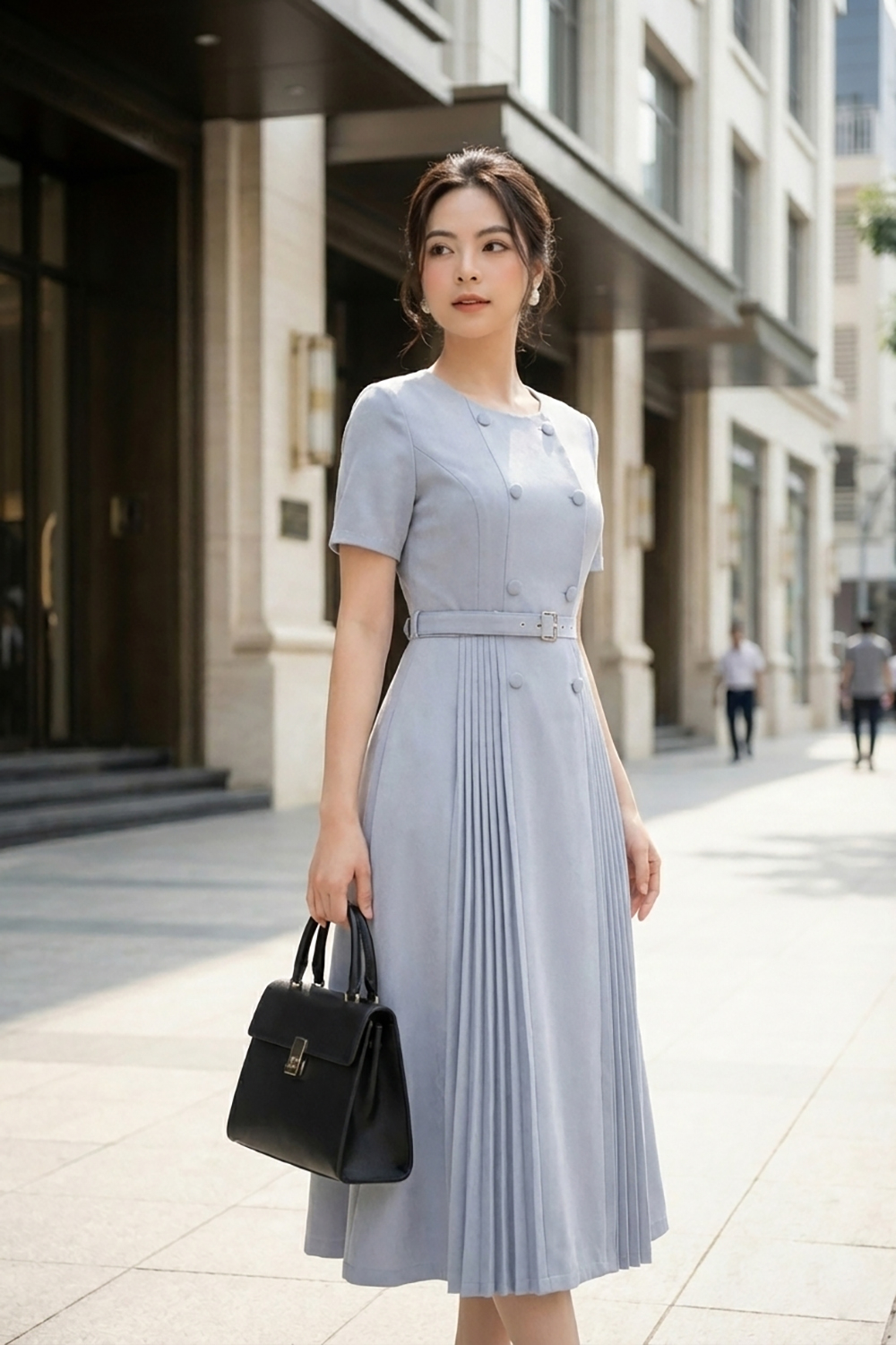 Đầm xanh công sở dáng xòe xếp ly