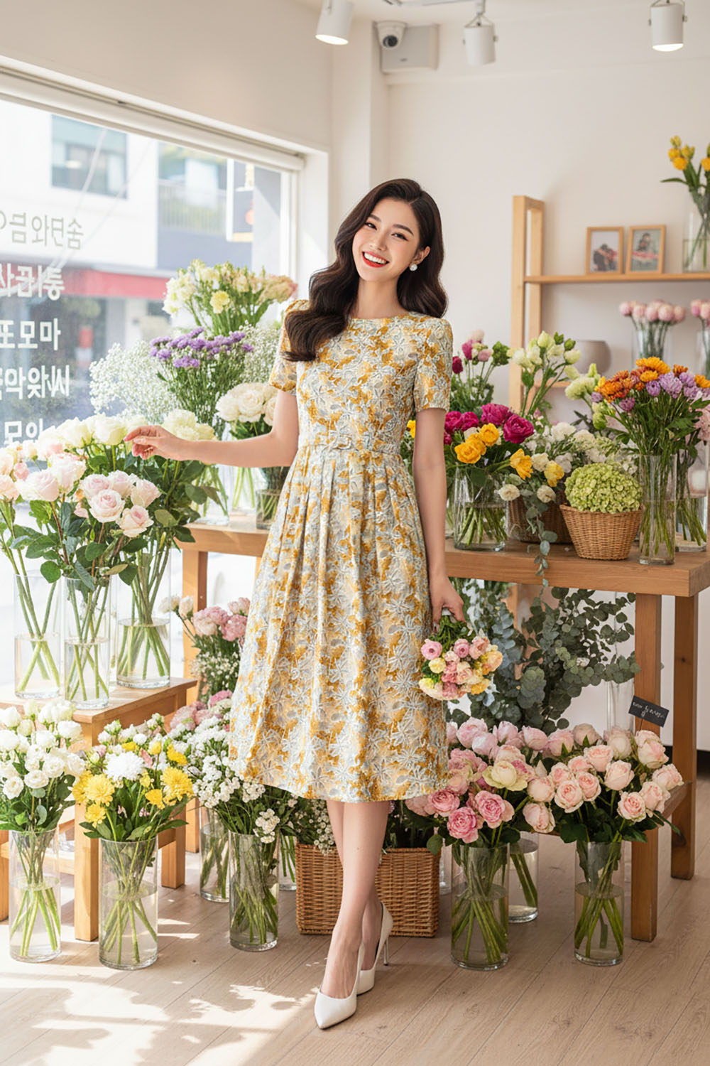 Đầm xòe xếp ly hoa kèm thắt lưng