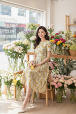 Đầm xòe xếp ly hoa kèm thắt lưng