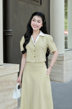 Áo kiểu caro dáng ngắn cổ sơ mi
