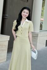 Chân váy xòe công sở caro nhí xanh