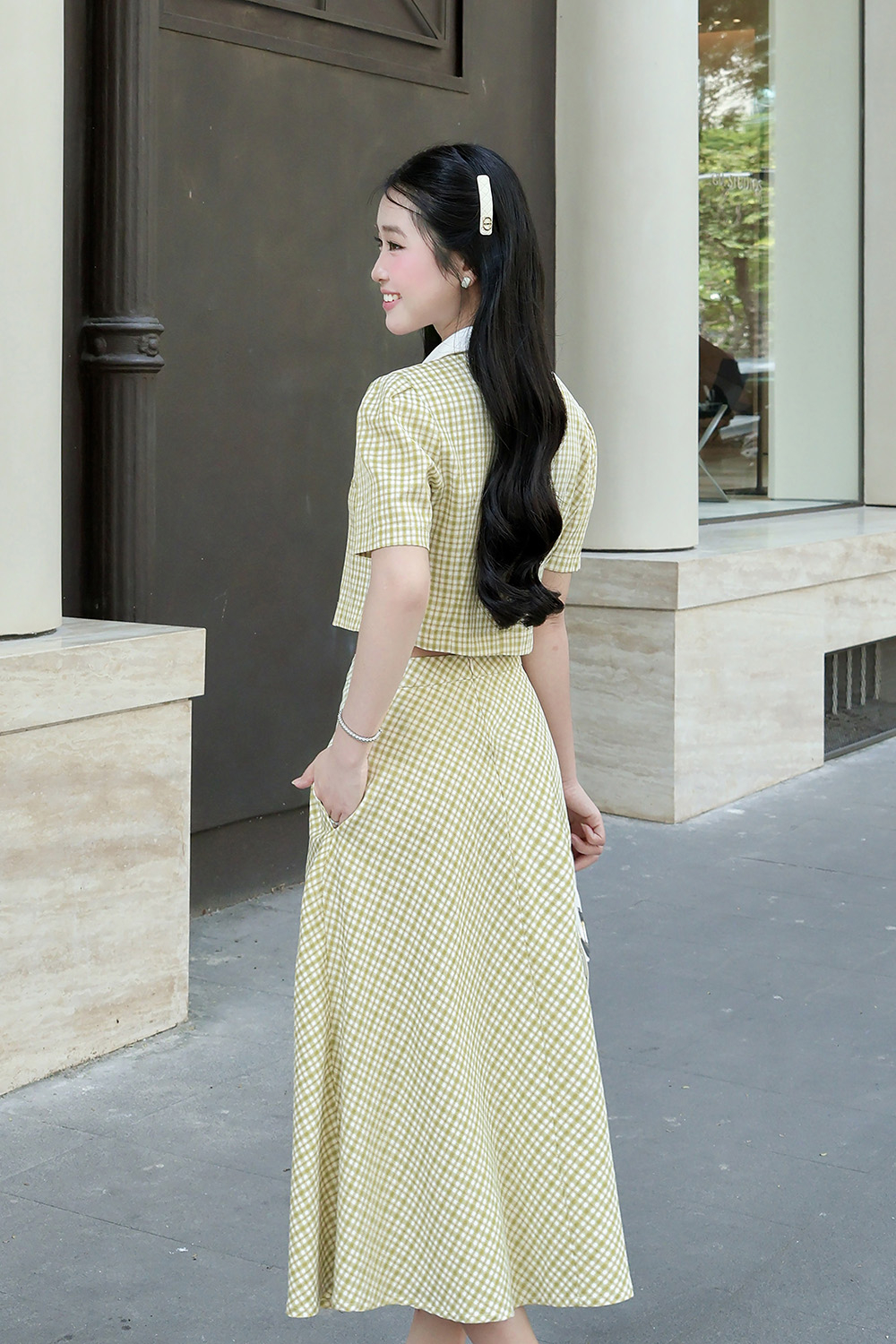 Chân váy xòe công sở caro nhí xanh