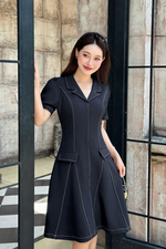 Đầm công sở chữ A cổ vest viền chỉ