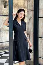 Đầm công sở chữ A cổ vest viền chỉ