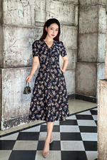 Đầm hoa chữ A cổ V phối nơ