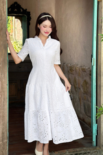 Đầm xòe trắng dáng dài chất xô thêu