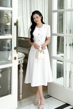 Đầm trắng dự tiệc dáng A dài đính nút