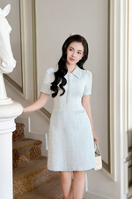 Đầm tweed chữ A màu xanh tay ngắn