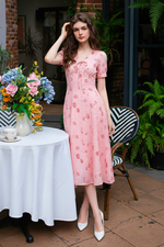 Đầm hoa dáng chữ A xòe cổ V đính nơ