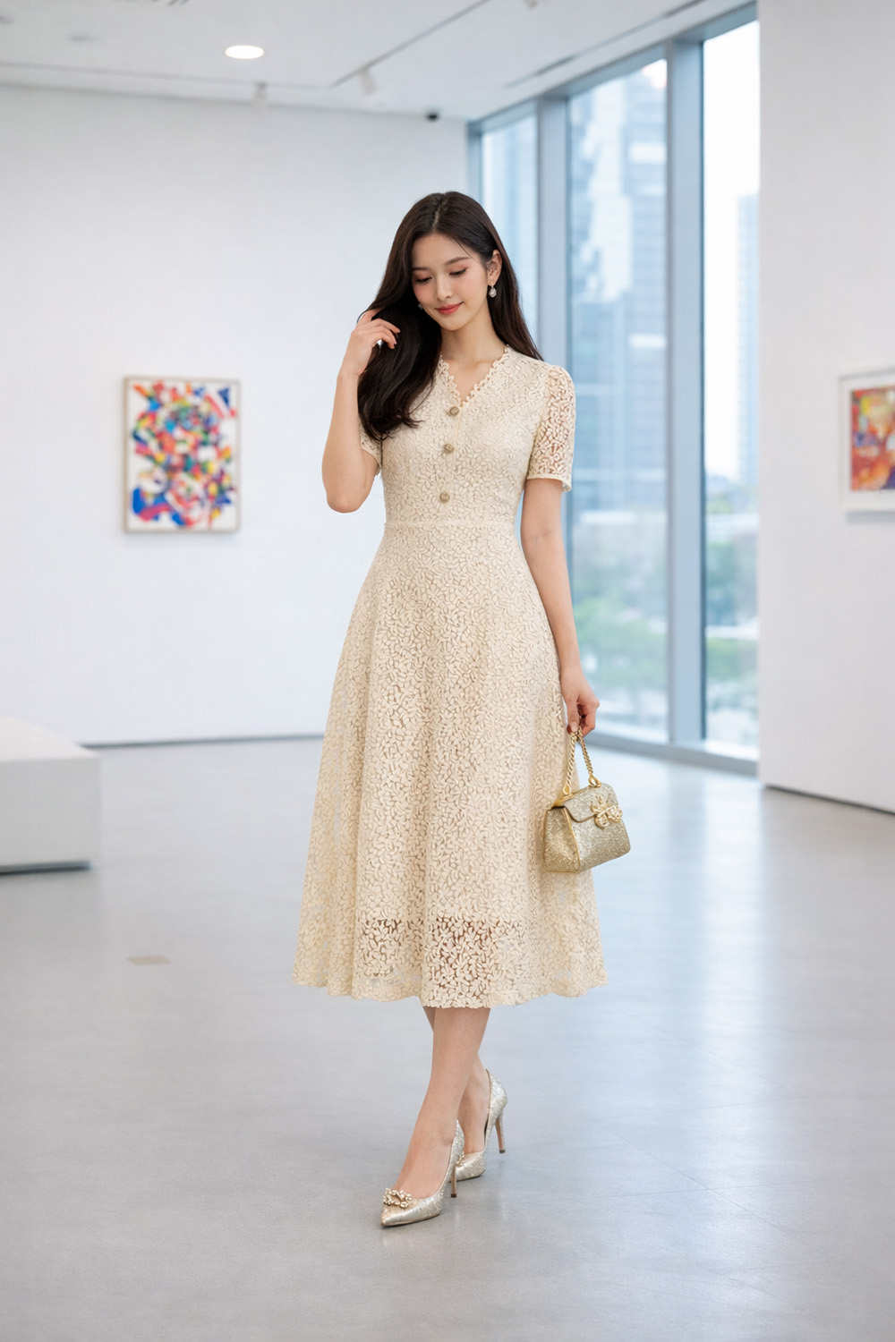 Đầm ren dự tiệc dáng xòe màu kem