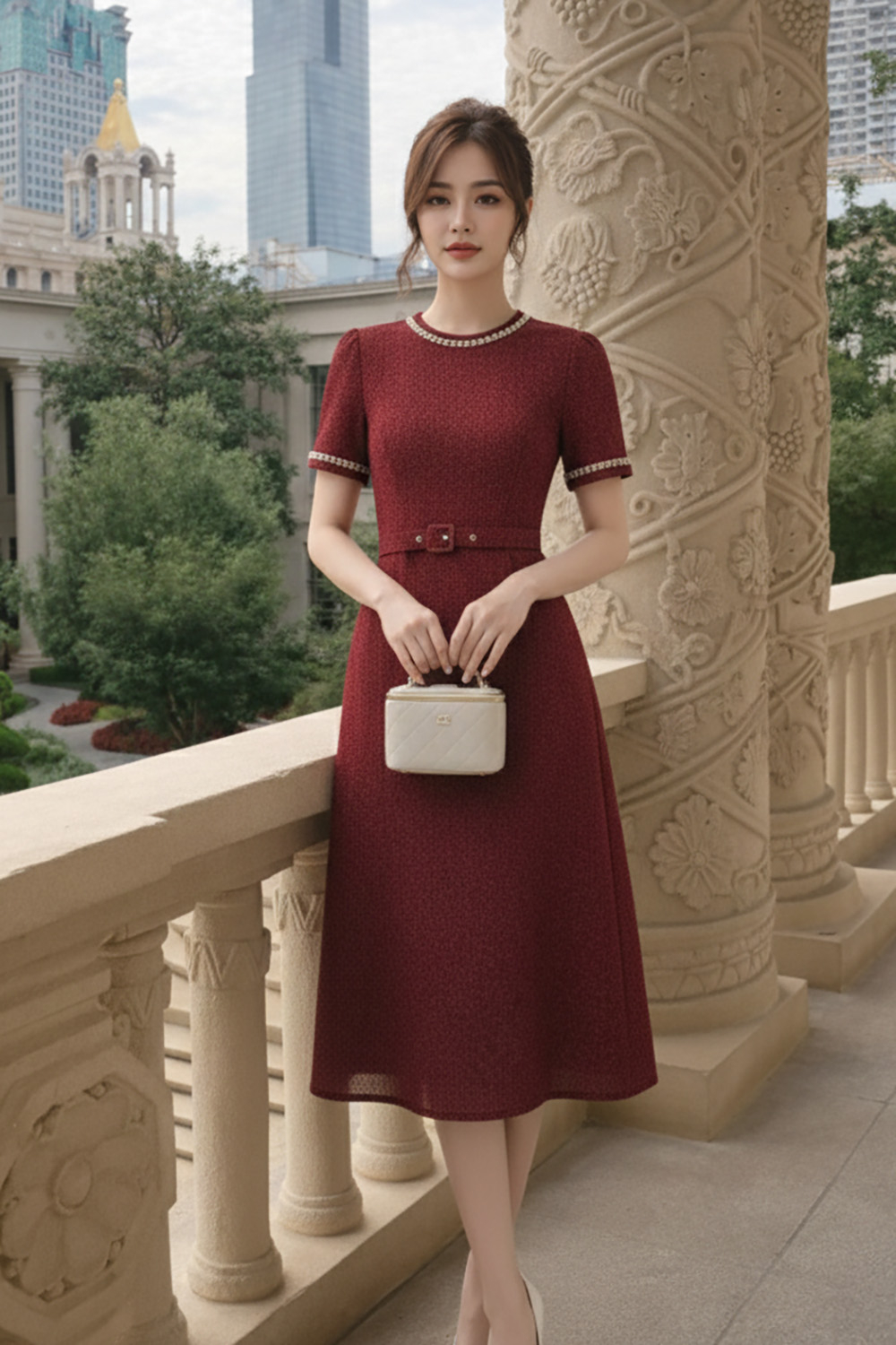Đầm đỏ dáng dài cổ tròn phối viền trắng